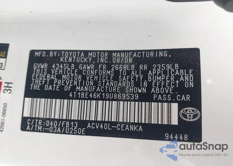 2009 Toyota Camry Le from USA, damaged, VIN 4T1BE46K19U869539